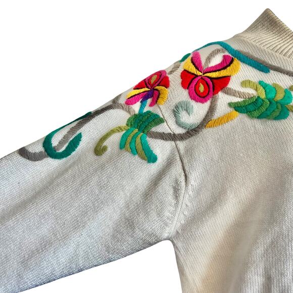 Vintage 80s Cream Shawl Collar Pink Green Embroidered Flower Knit Sweater size L - Picture 5 of 8
